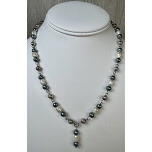 Adjustable Silver Tone Natural Pearl Blue Y Necklace 22in LBVYR